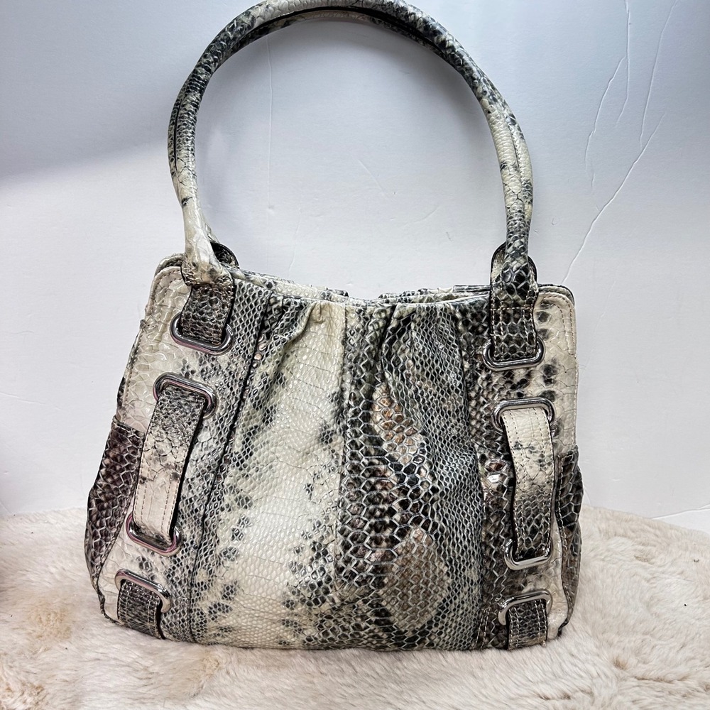 Worthington Womens Snakeskin Print Faux Leather Satchel Handbag Gray White Black